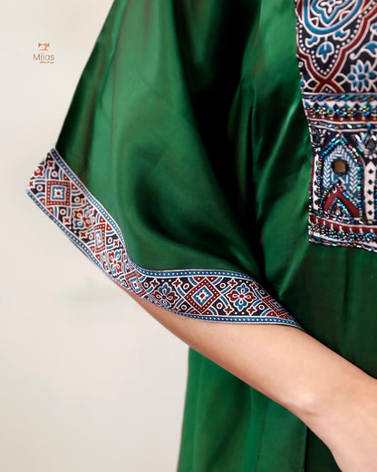 Modal Silk Kaftan: Embroidered Modal Dress with Beads & Mirrors-Emerald Green.