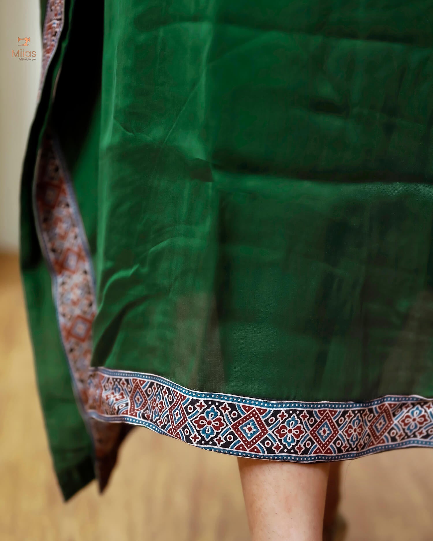 Modal Silk Kaftan: Embroidered Modal Dress with Beads & Mirrors-Emerald Green.