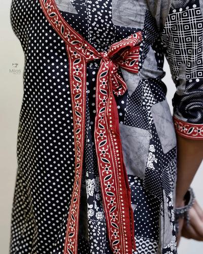 South Cotton Panel Dress/Kurti | Overlap + Tie Detail | Black & Gray