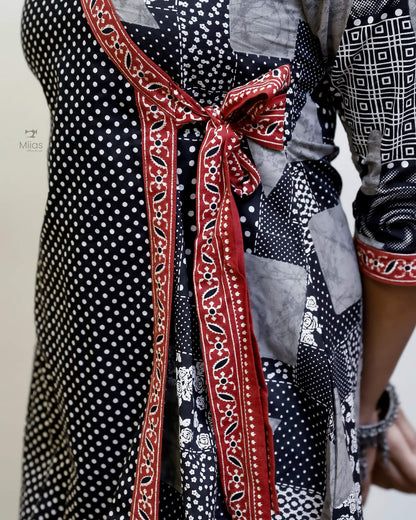 South Cotton Panel Dress/Kurti | Overlap + Tie Detail | Black & Gray