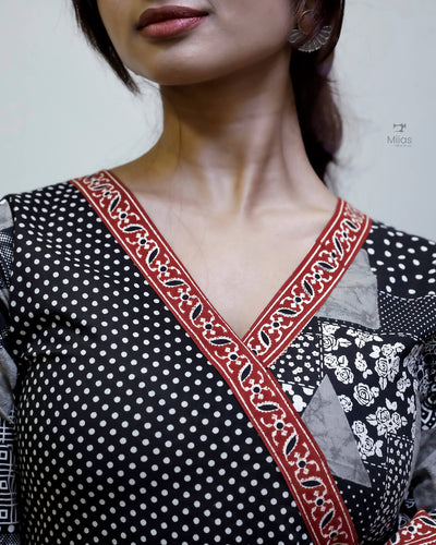 South Cotton Panel Dress/Kurti | Overlap + Tie Detail | Black & Gray