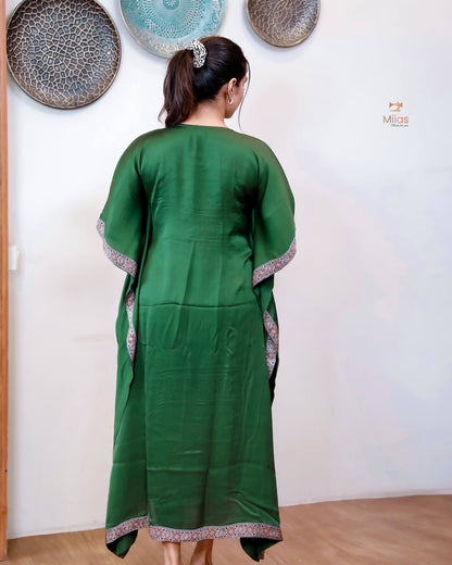 Modal Silk Kaftan: Embroidered Modal Dress with Beads & Mirrors-Emerald Green.