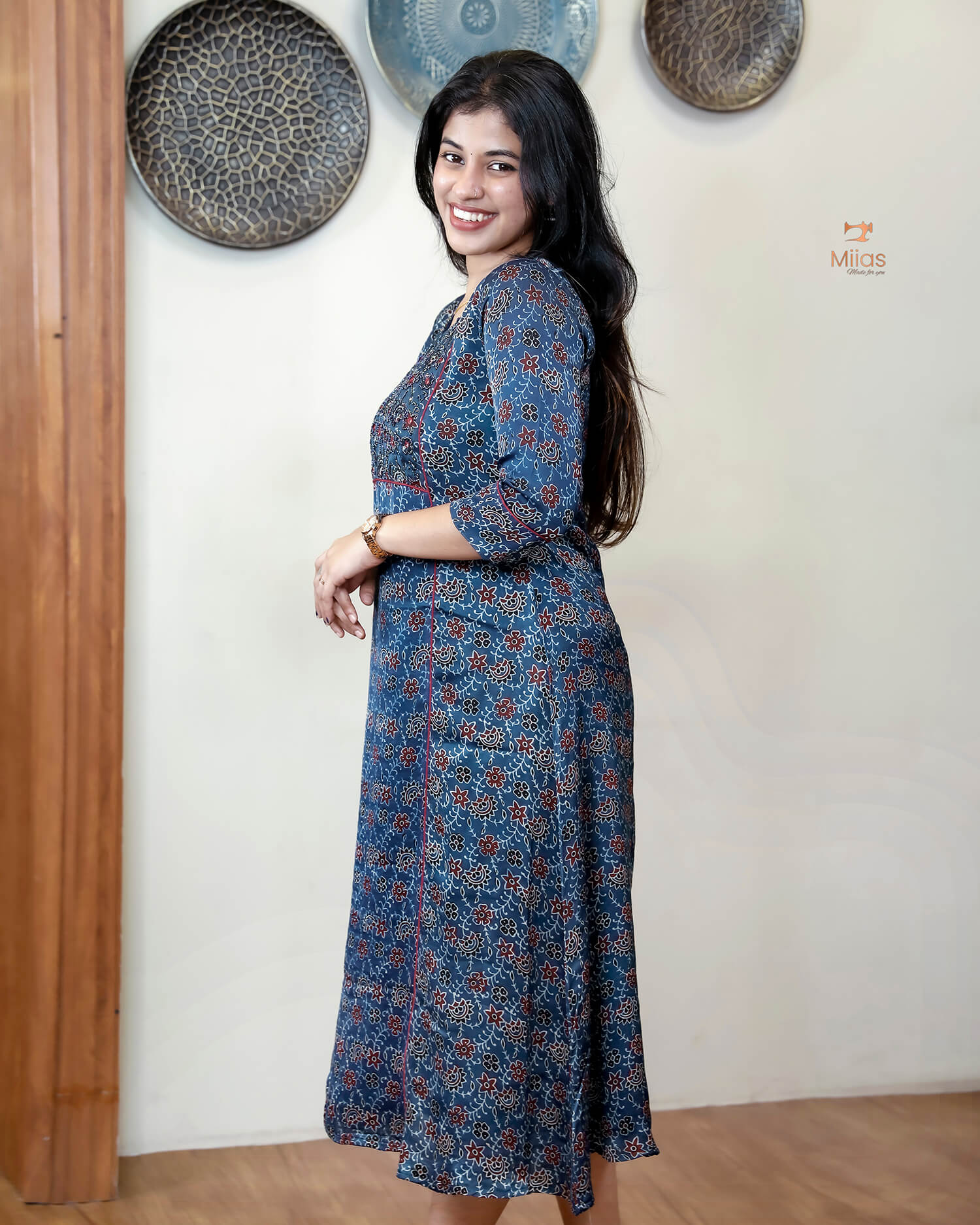 Modal Silk A-Line Kurti with Hand Embellishment-Blue