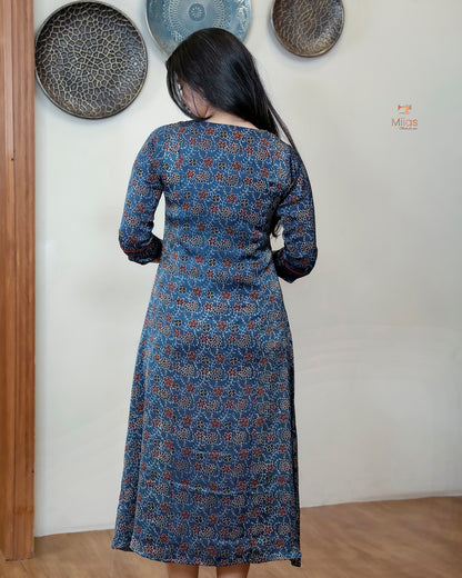 Modal Silk A-Line Kurti with Hand Embellishment-Blue