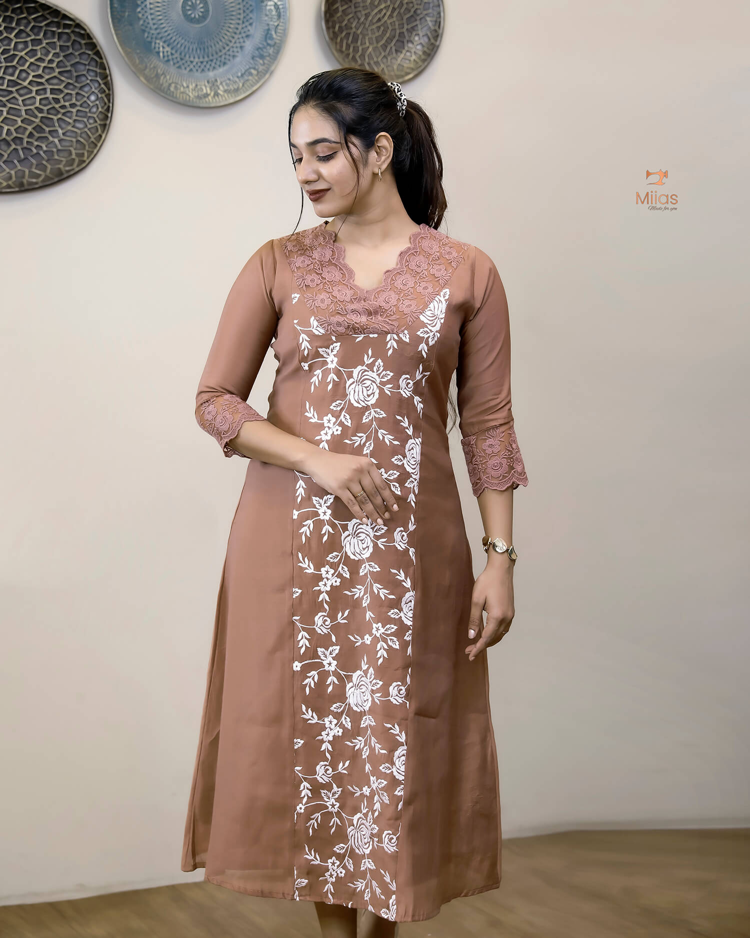 Mul Chanderi Dress Kurti | Embroidered 3-Panel Design-Brown.