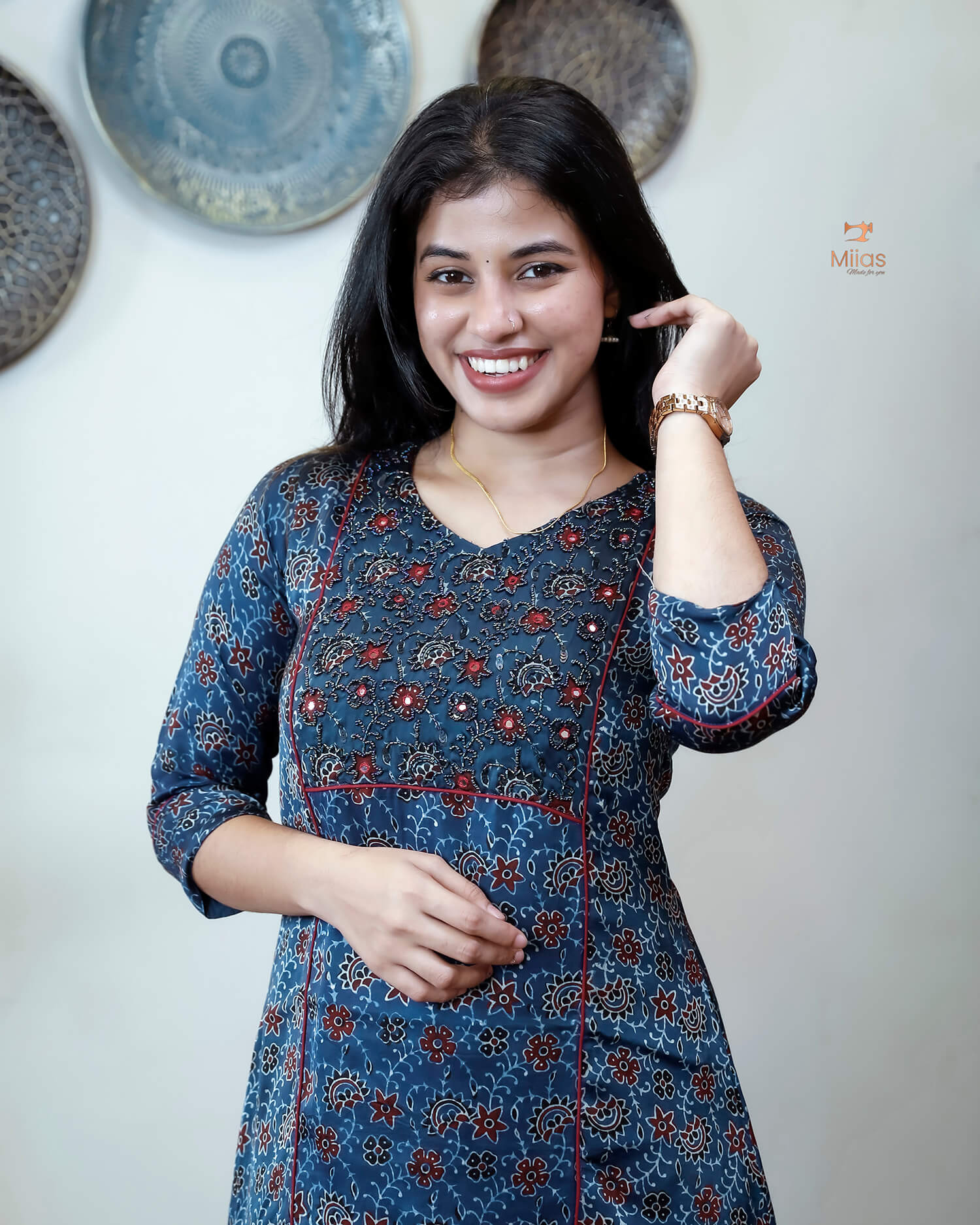 Modal Silk A-Line Kurti with Hand Embellishment-Blue