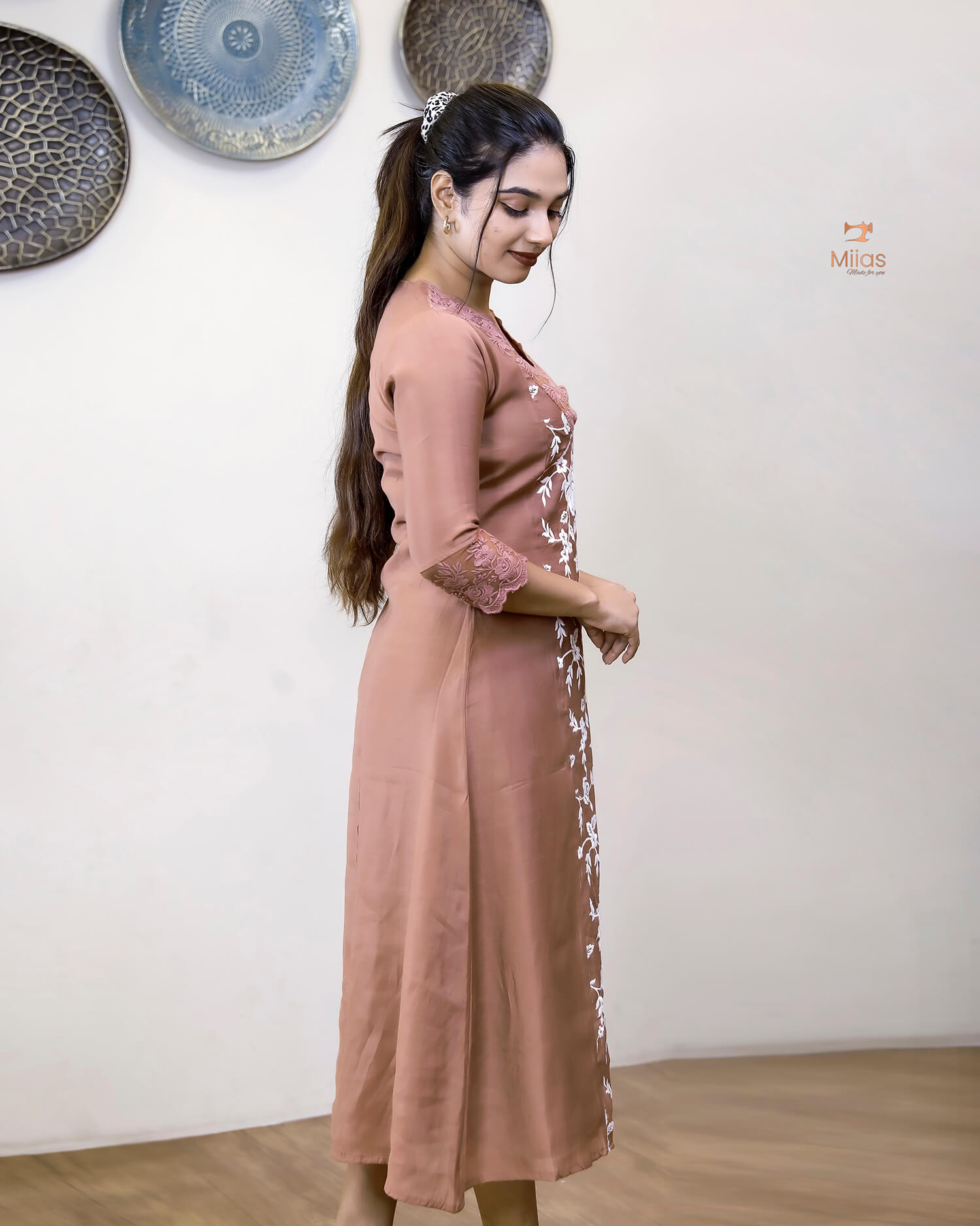 Mul Chanderi Dress Kurti | Embroidered 3-Panel Design-Brown.