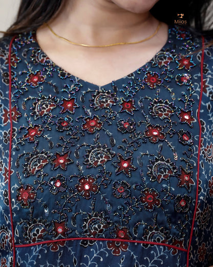 Modal Silk A-Line Kurti with Hand Embellishment-Blue