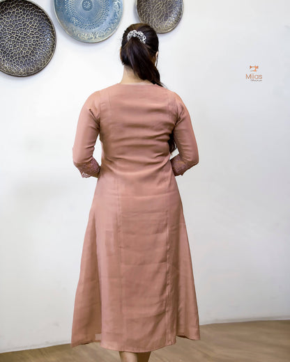 Mul Chanderi Dress Kurti | Embroidered 3-Panel Design-Brown.