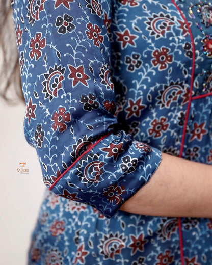 Modal Silk A-Line Kurti with Hand Embellishment-Blue