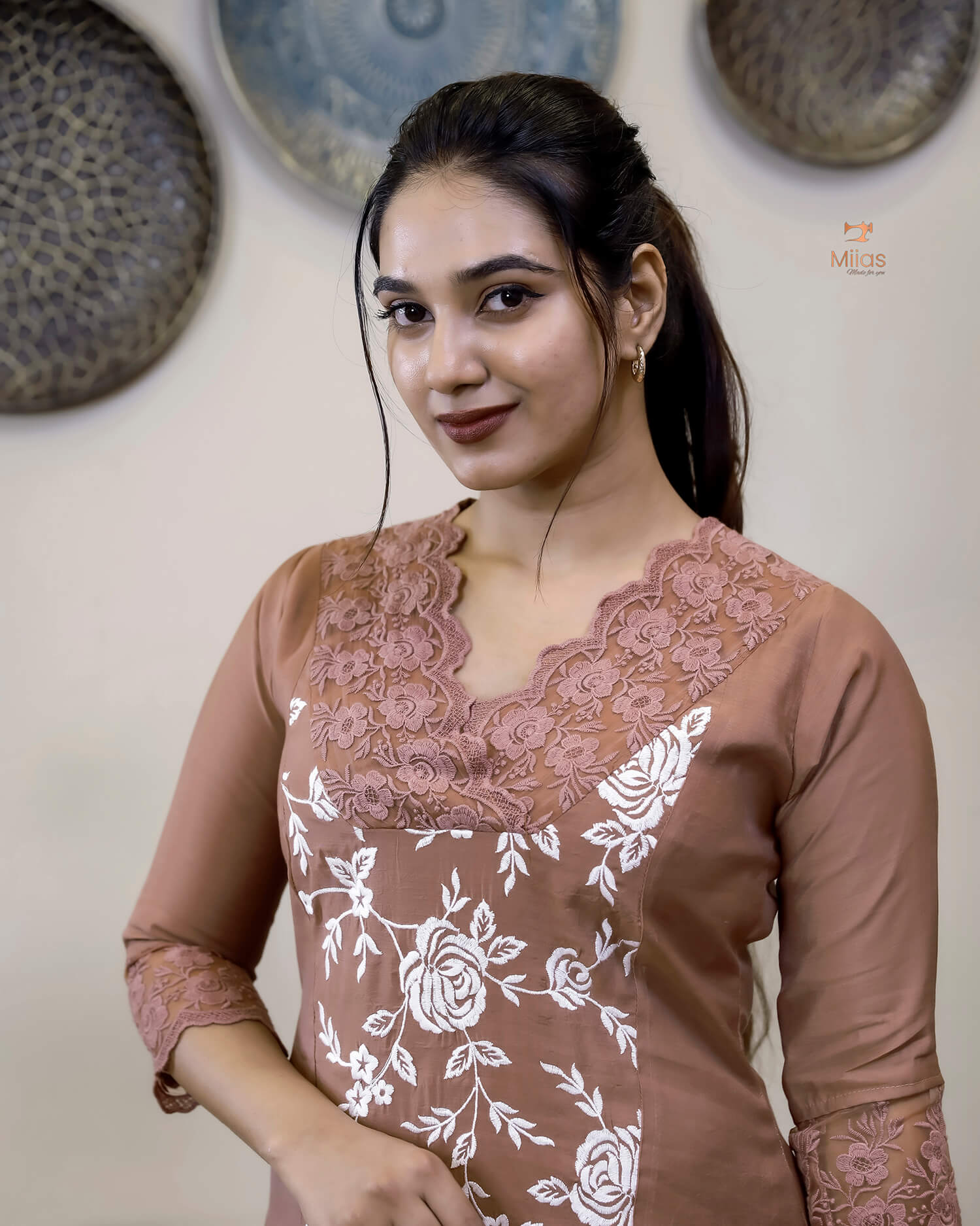 Mul Chanderi Dress Kurti | Embroidered 3-Panel Design-Brown.