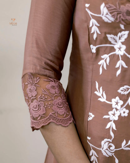 Mul Chanderi Dress Kurti | Embroidered 3-Panel Design-Brown.