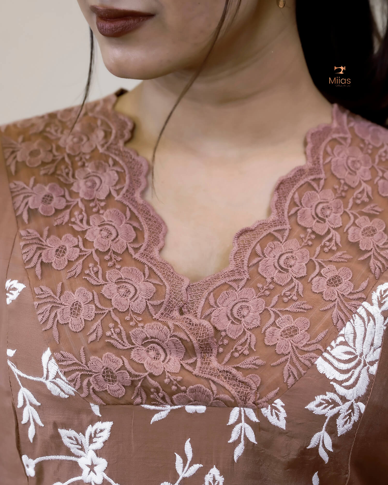 Mul Chanderi Dress Kurti | Embroidered 3-Panel Design-Brown.