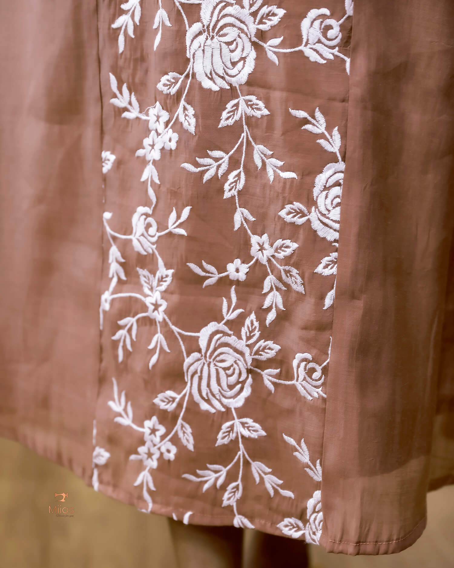 Mul Chanderi Dress Kurti | Embroidered 3-Panel Design-Brown.