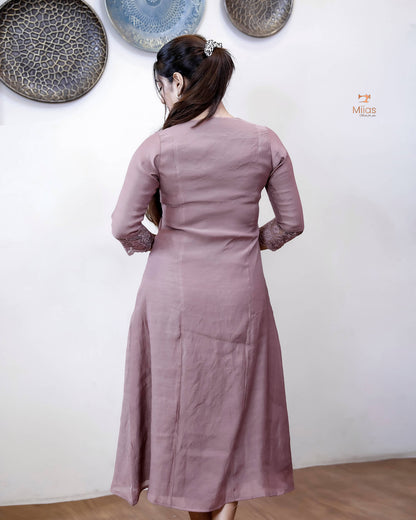 Mul Chanderi Dress Kurti | Embroidered 3-Panel Design-Mauve Pink.