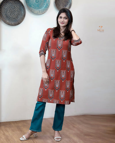 Cotton Ajrakh Top: Stunning V-Neck Printed Top-Brick Red