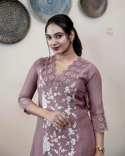 Mul Chanderi Dress Kurti | Embroidered 3-Panel Design-Mauve Pink.