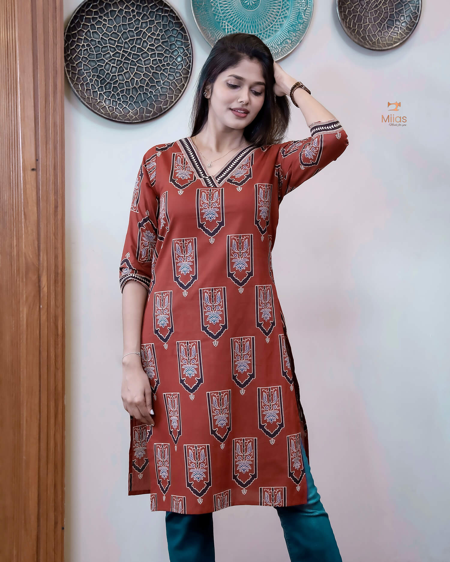 Cotton Ajrakh Top: Stunning V-Neck Printed Top-Brick Red
