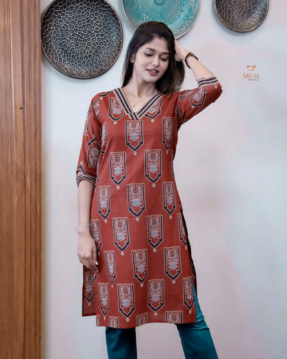 Cotton Ajrakh Top: Stunning V-Neck Printed Top-Brick Red