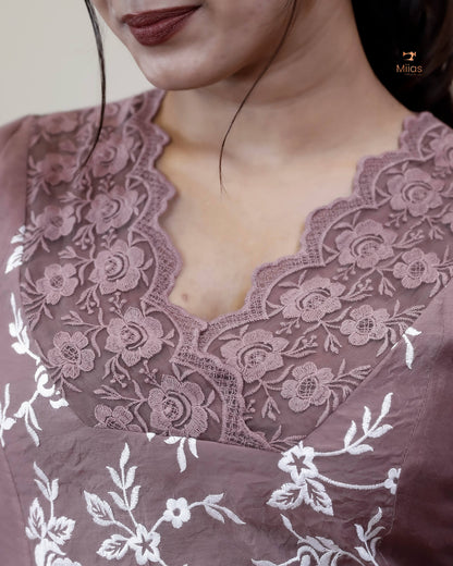 Mul Chanderi Dress Kurti | Embroidered 3-Panel Design-Mauve Pink.