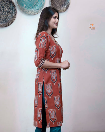 Cotton Ajrakh Top: Stunning V-Neck Printed Top-Brick Red