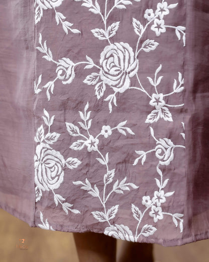 Mul Chanderi Dress Kurti | Embroidered 3-Panel Design-Mauve Pink.