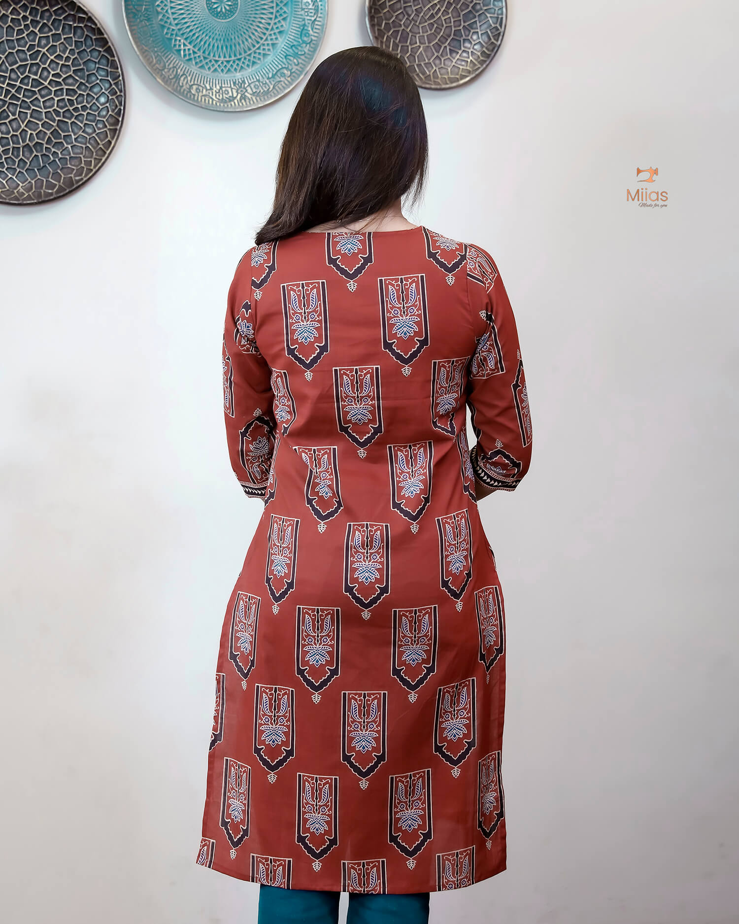 Cotton Ajrakh Top: Stunning V-Neck Printed Top-Brick Red