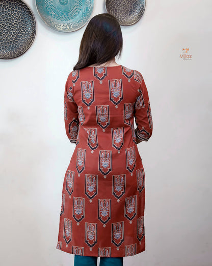 Cotton Ajrakh Top: Stunning V-Neck Printed Top-Brick Red