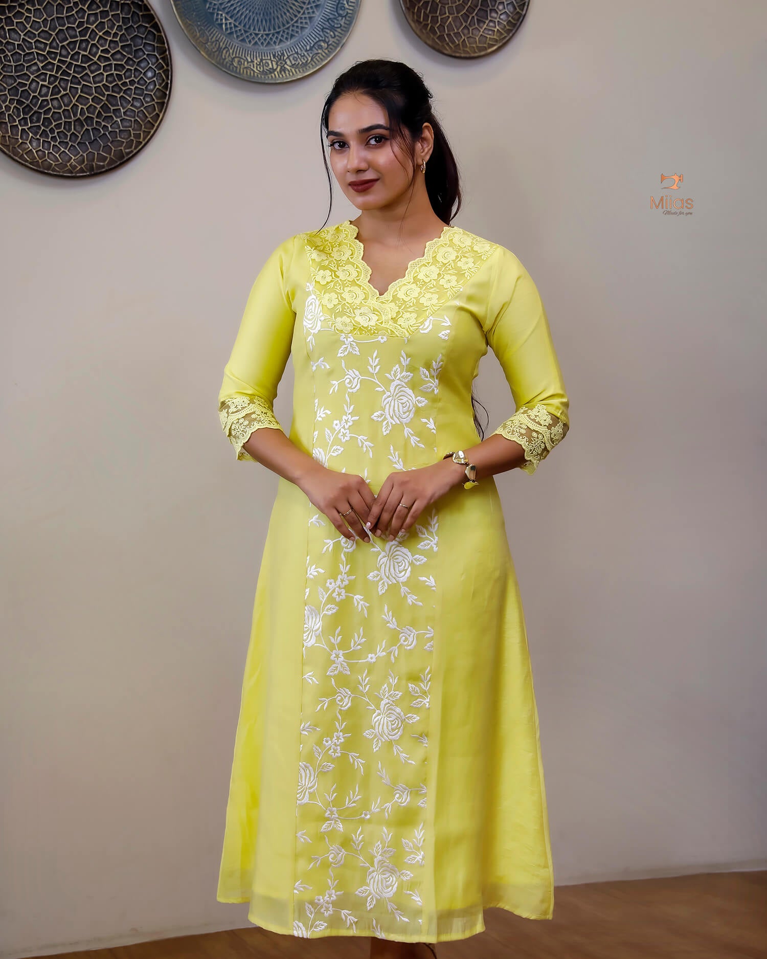 Mul Chanderi Dress Kurti | Embroidered 3-Panel Design-Lemon Yellow.