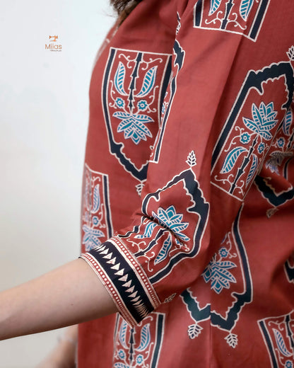 Cotton Ajrakh Top: Stunning V-Neck Printed Top-Brick Red