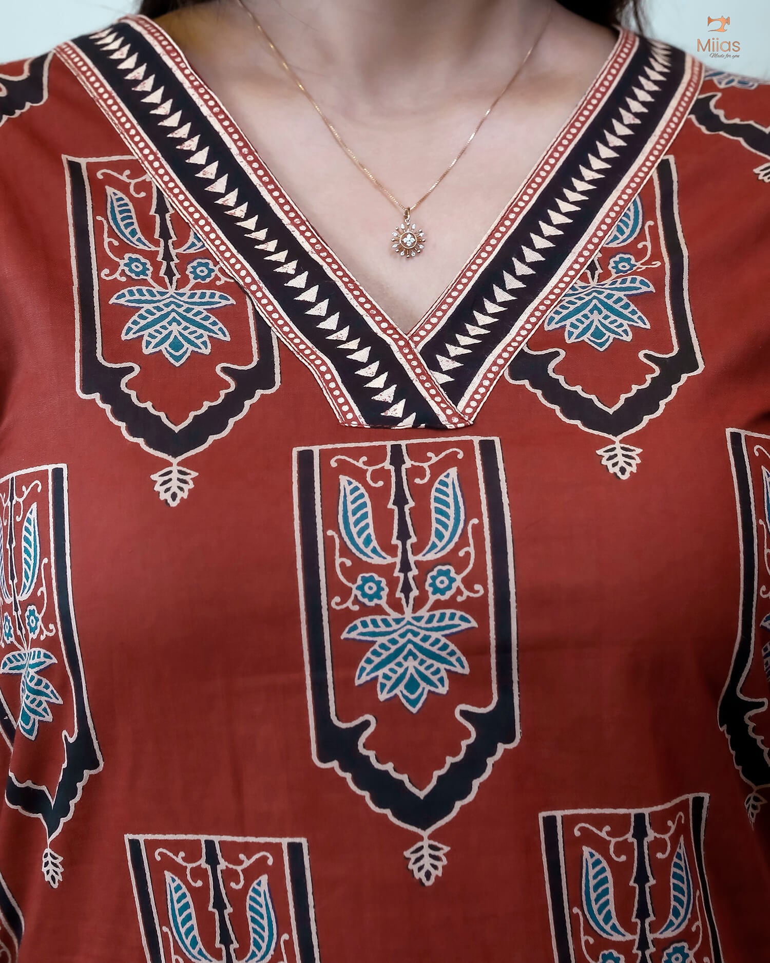 Cotton Ajrakh Top: Stunning V-Neck Printed Top-Brick Red