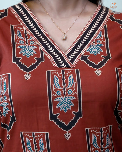 Cotton Ajrakh Top: Stunning V-Neck Printed Top-Brick Red