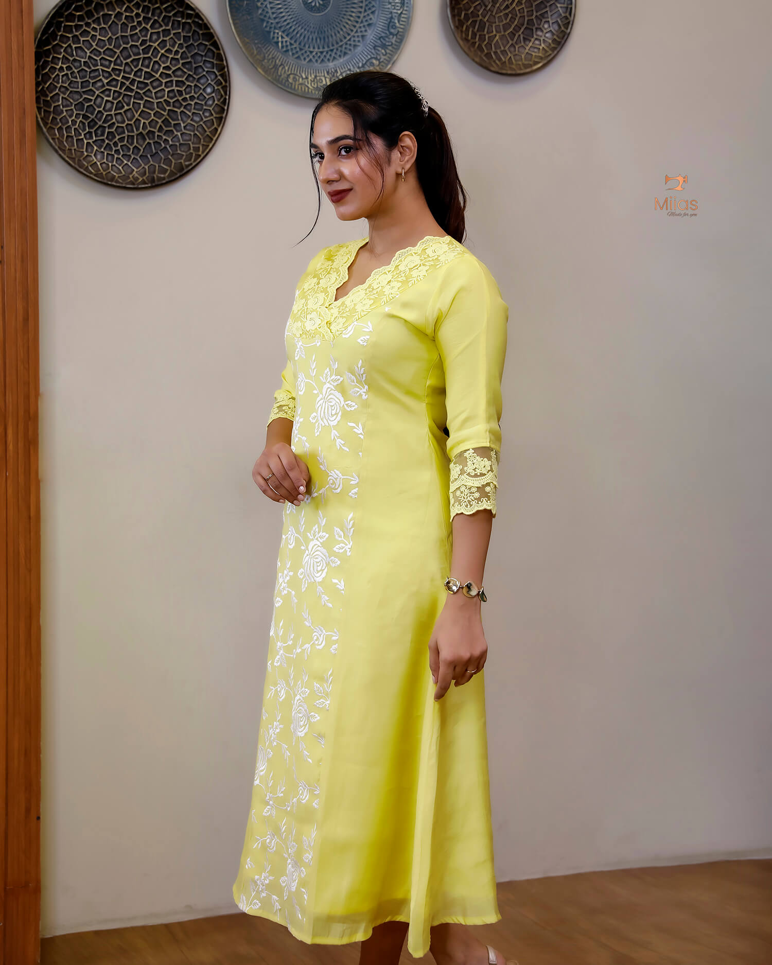 Mul Chanderi Dress Kurti | Embroidered 3-Panel Design-Lemon Yellow.