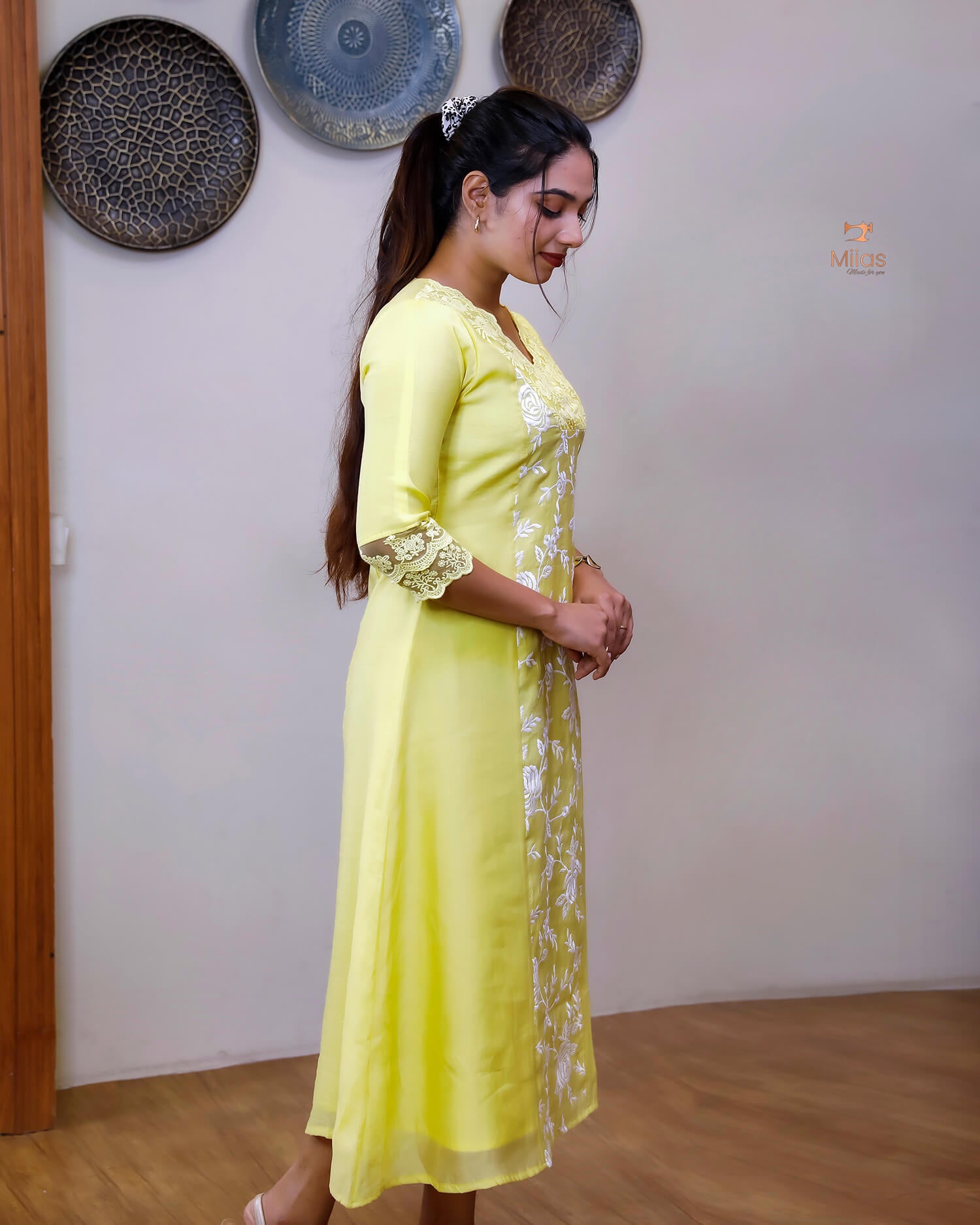 Mul Chanderi Dress Kurti | Embroidered 3-Panel Design-Lemon Yellow.