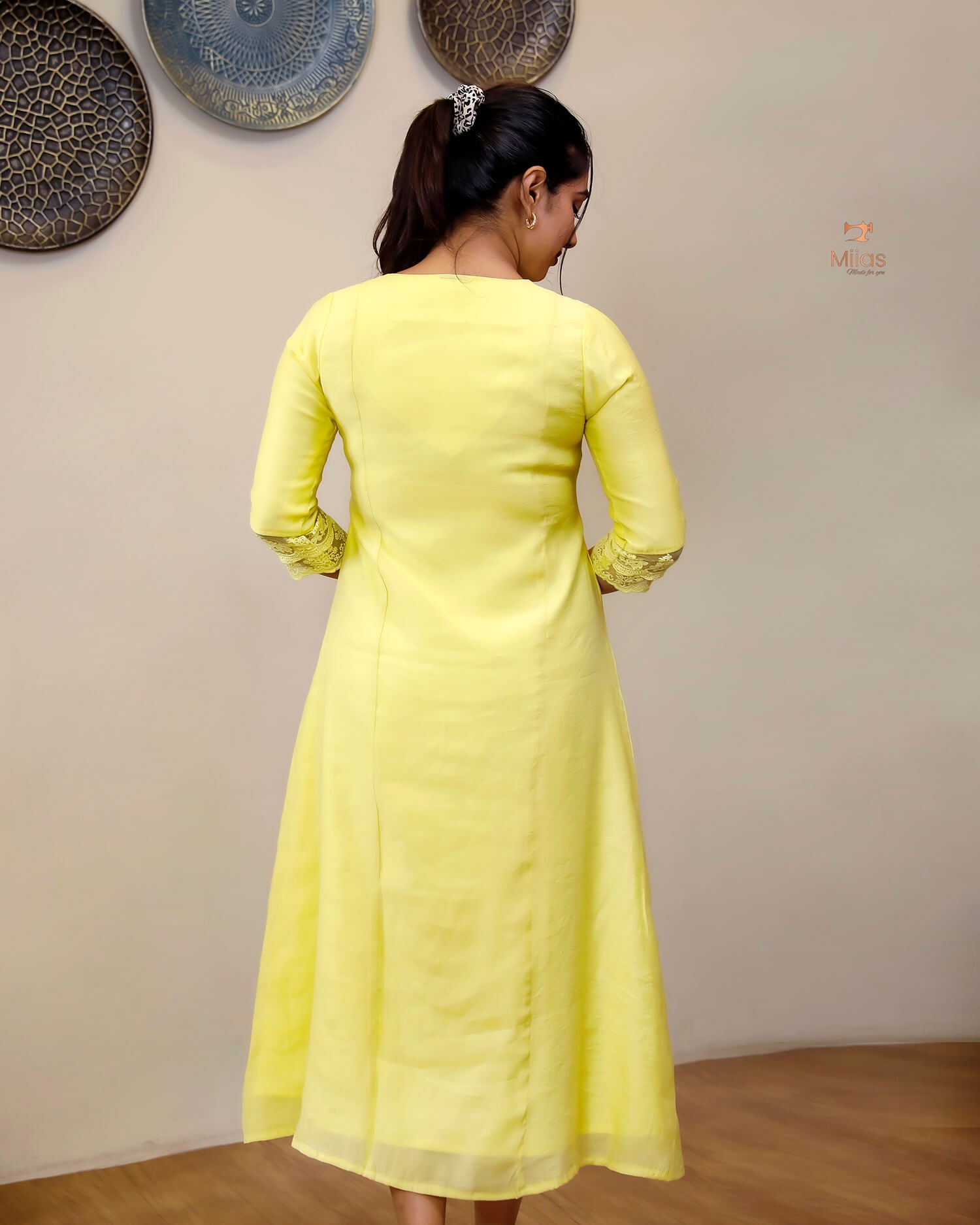Mul Chanderi Dress Kurti | Embroidered 3-Panel Design-Lemon Yellow.