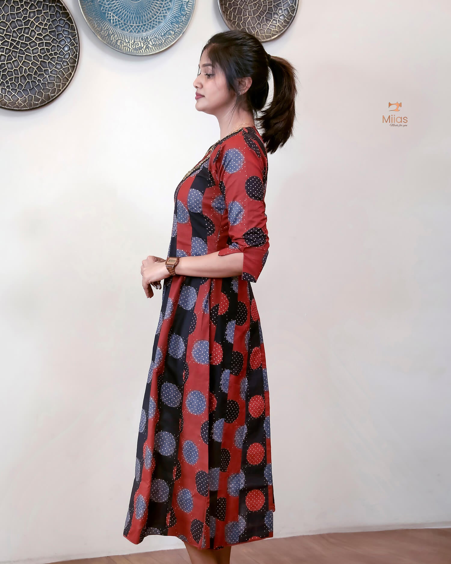 Ajrakh Cotton Kurti with Beaded Neckline & Sequins-Brick Red