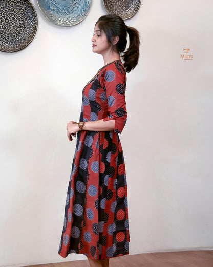 Ajrakh Cotton Kurti with Beaded Neckline & Sequins-Brick Red