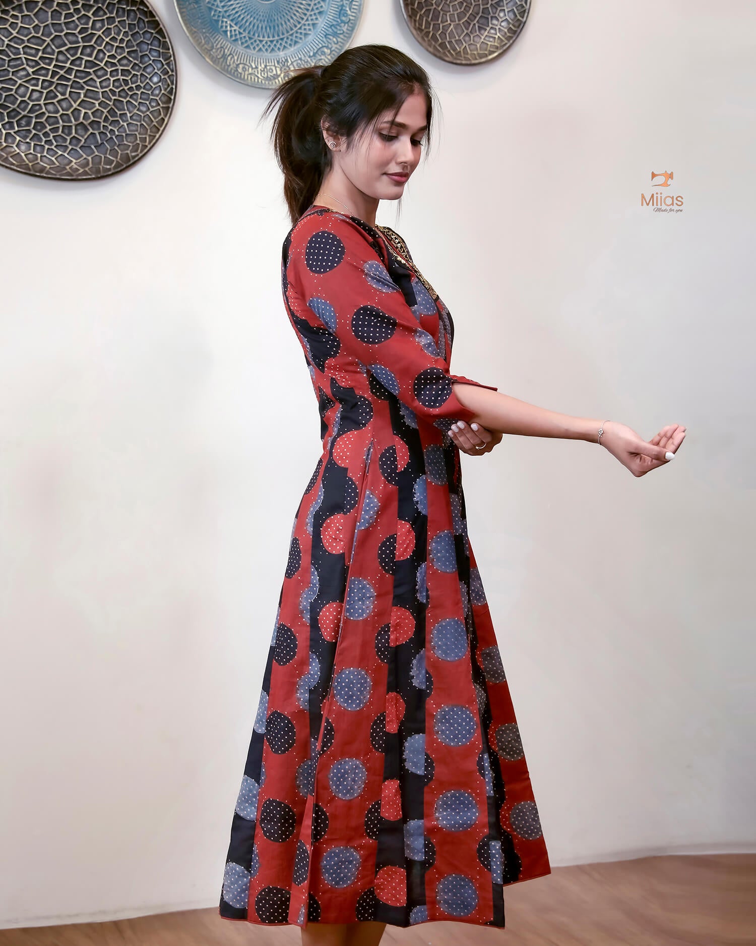 Ajrakh Cotton Kurti with Beaded Neckline & Sequins-Brick Red