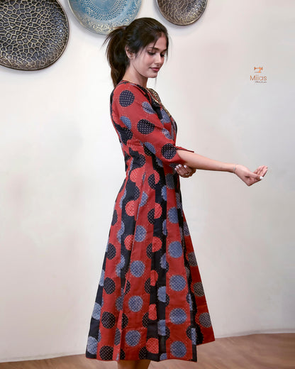 Ajrakh Cotton Kurti with Beaded Neckline & Sequins-Brick Red