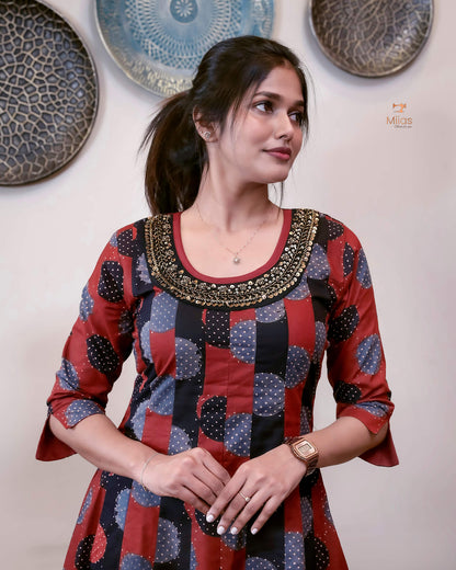 Ajrakh Cotton Kurti with Beaded Neckline & Sequins-Brick Red