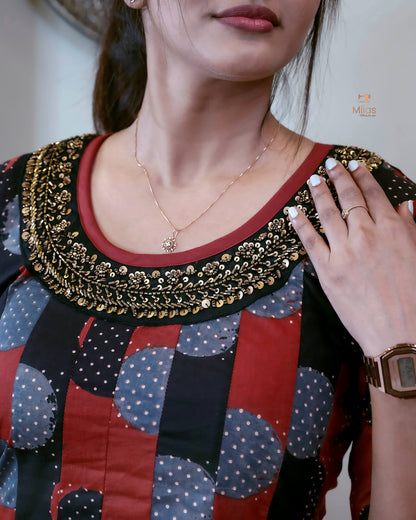 Ajrakh Cotton Kurti with Beaded Neckline & Sequins-Brick Red