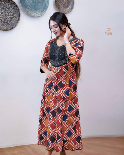 Printed Cotton Kurti | Beaded, Mirror Work Panel-Cut Design-Brick Red.