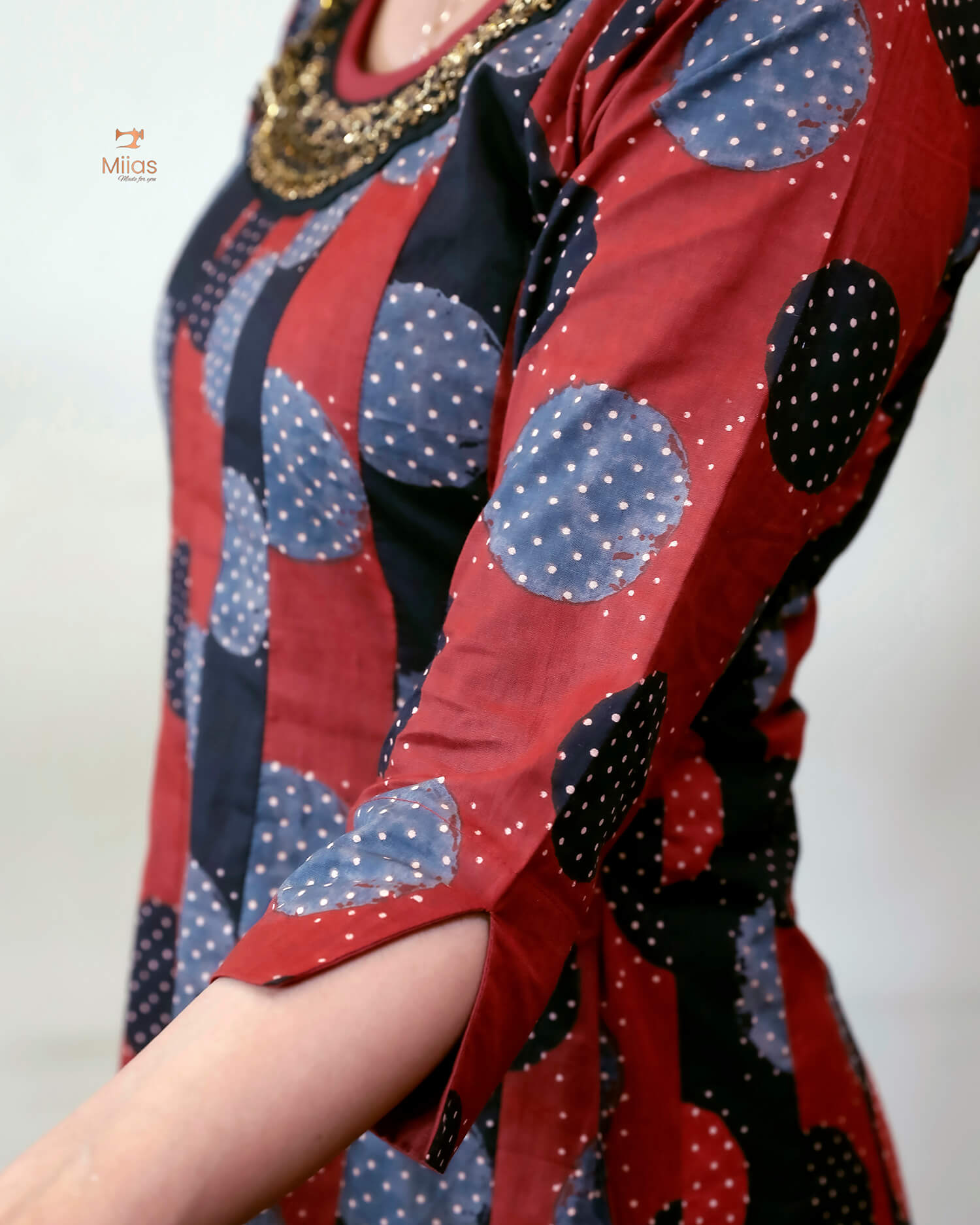 Ajrakh Cotton Kurti with Beaded Neckline & Sequins-Brick Red