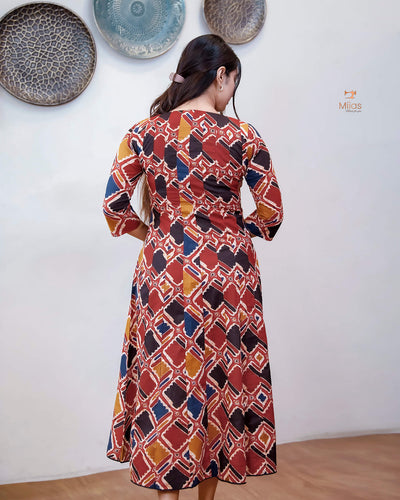 Printed Cotton Kurti | Beaded, Mirror Work Panel-Cut Design-Brick Red.