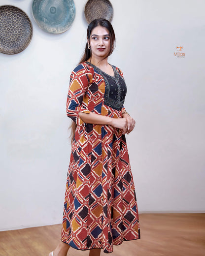 Printed Cotton Kurti | Beaded, Mirror Work Panel-Cut Design-Brick Red.