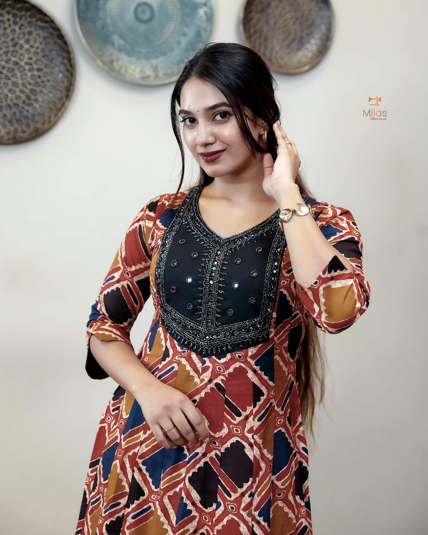Printed Cotton Kurti | Beaded, Mirror Work Panel-Cut Design-Brick Red.