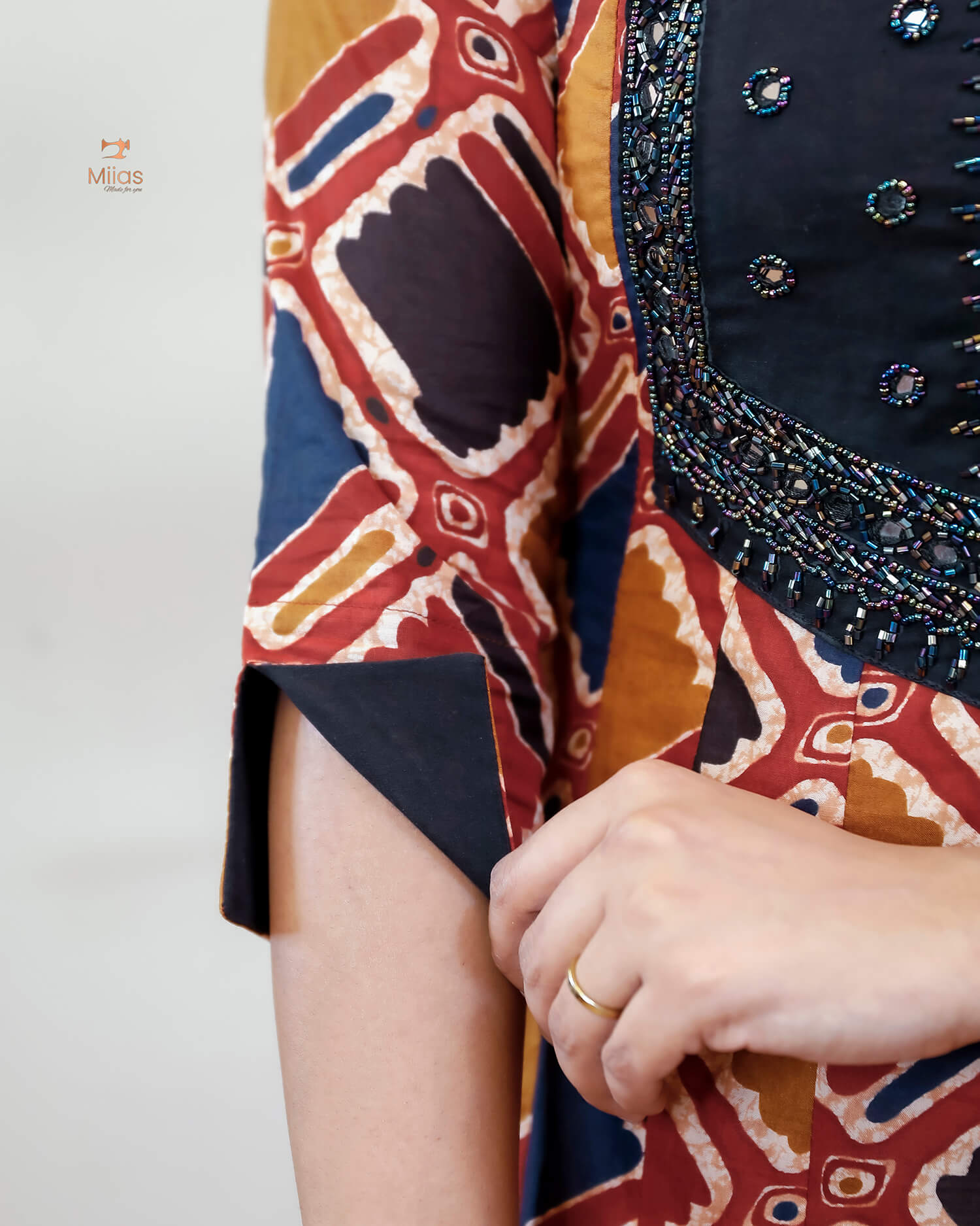 Printed Cotton Kurti | Beaded, Mirror Work Panel-Cut Design-Brick Red.