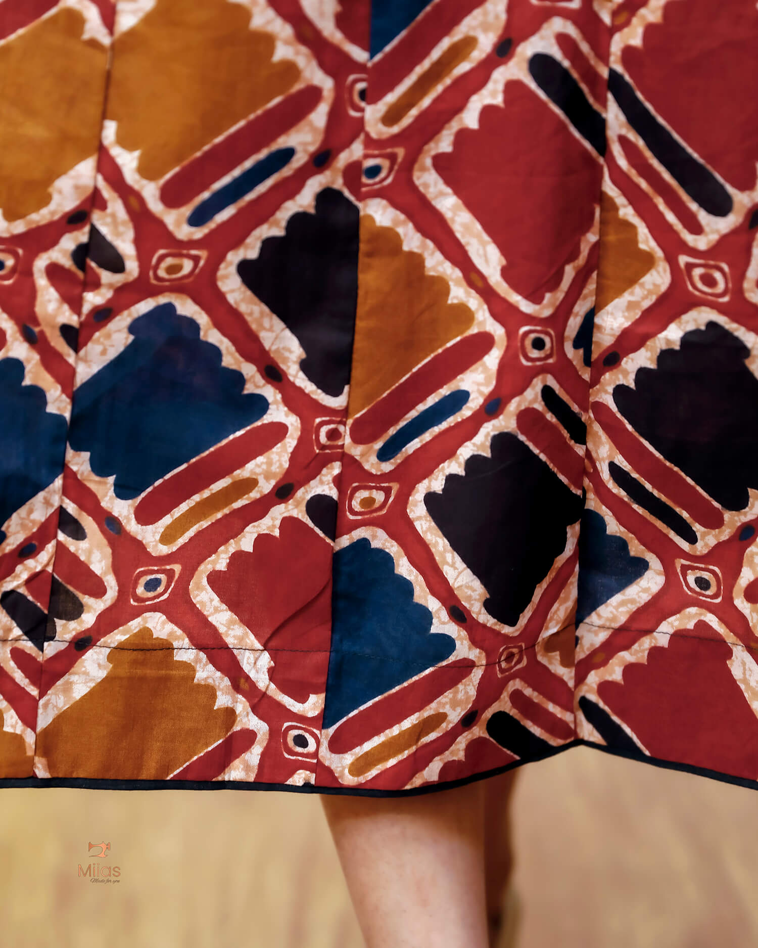 Printed Cotton Kurti | Beaded, Mirror Work Panel-Cut Design-Brick Red.