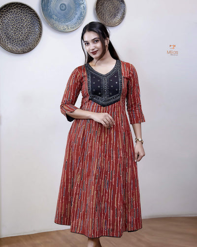 Printed Cotton Kurti | Beaded, Mirror Work Panel-Cut Design-Brick Red Stripes.