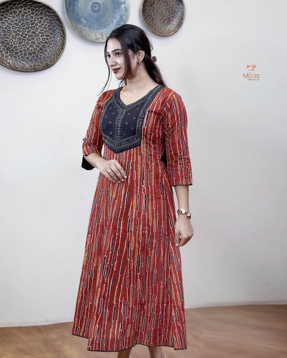 Printed Cotton Kurti | Beaded, Mirror Work Panel-Cut Design-Brick Red Stripes.